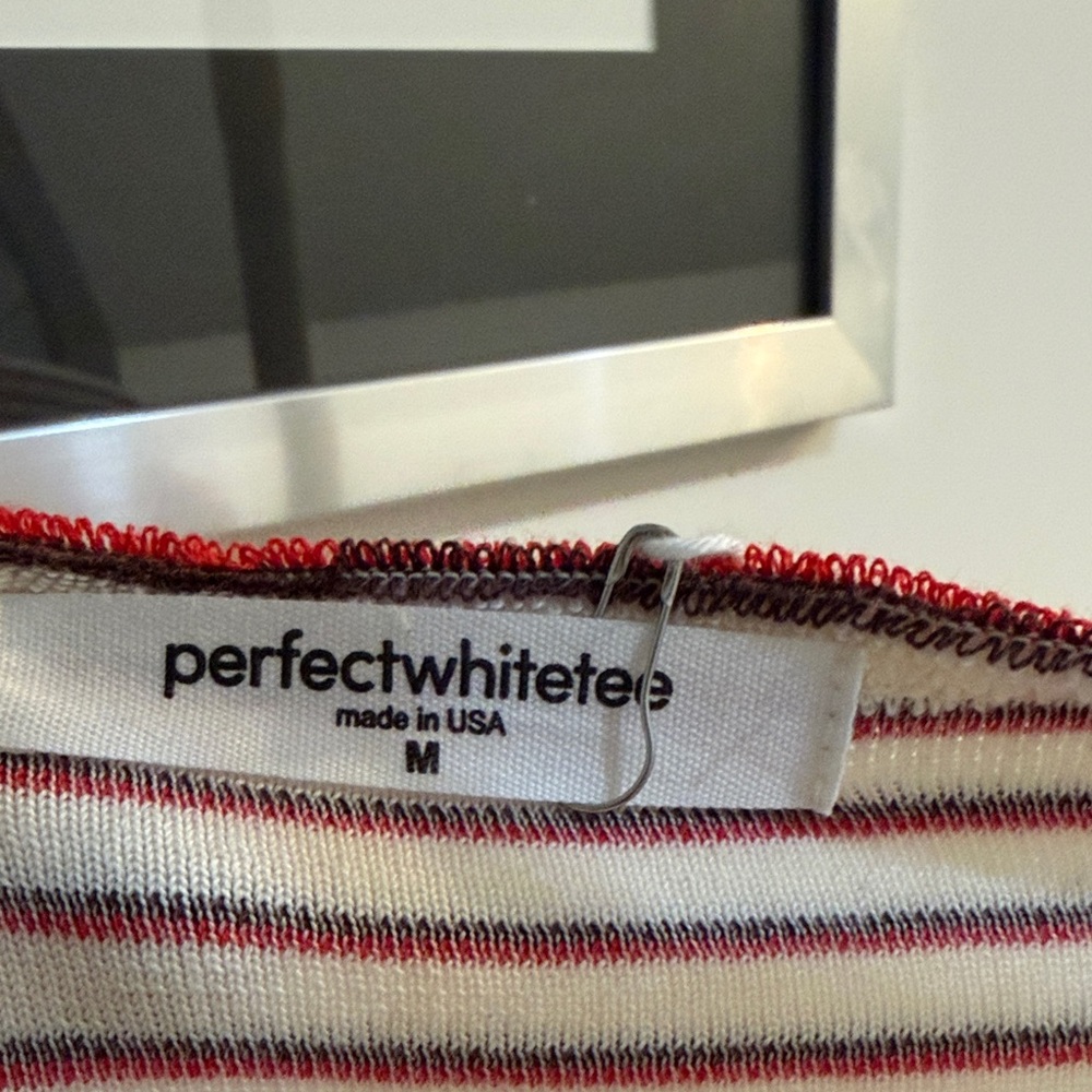 perfectwhitetee NWT Cream and Burgundy Striped Boatneck Terry Sweatshirt M - Picture 3 of 7